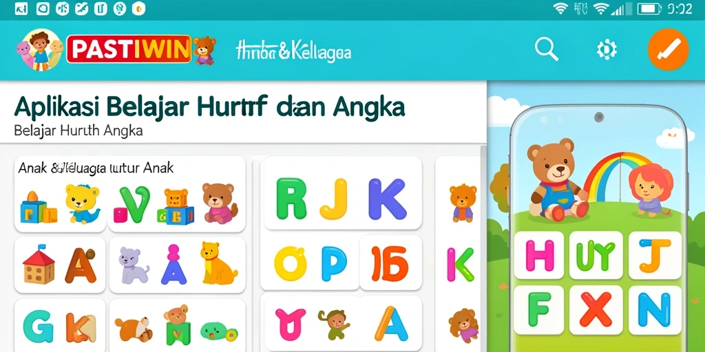 Antarmuka menarik PASTIWIN dengan fungsi Belajar Huruf dan Angka.
