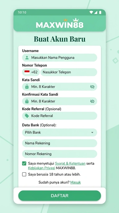 Tampilan halaman daftar maxwin88